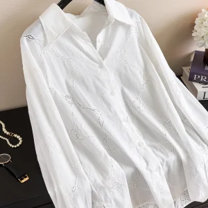 Elegant Embroidered Cotton Lace Long Sleeve Shirt Women's Original Design Straight Cut Pure Cotton Breathable Comfortable Shirt - AliExpress Shirts & Blouses