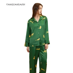 Women's Fashion Autumn Clothing 100% Natural Mulberry Silk Satin Leopard Printed Long Sleeved Pants Two Piece Home Clothes - AliExpress Women's Sleep & Lounge