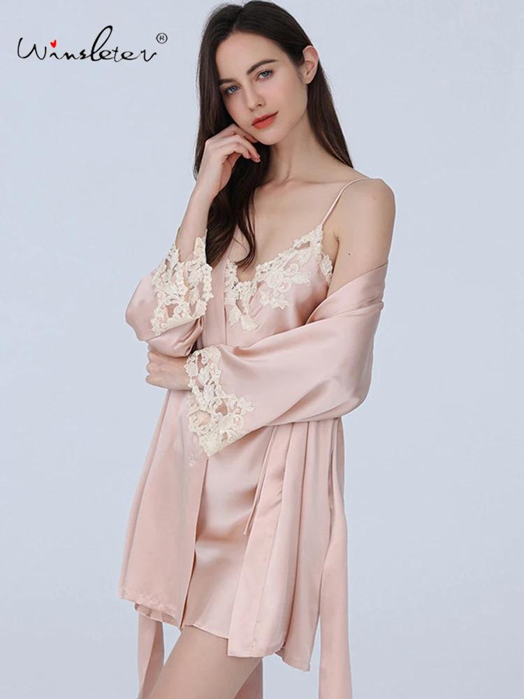 Winsleter, 19MM 100%Real Silk Night-robe Set, Sexy Lace, Women Comfortable Sleeping Robe Sling Dress, 2024 Summer Fall S49547CC - AliExpress Women's Sleep & Lounge