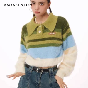 2025 Autumn Winter New Short High-End Polo Collar Women's Sweater American Retro Color Blocking Striped Pullover Sweaters Ladies - AliExpress Sweaters&Jumpers