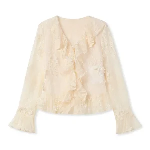 Retro Style Spring Autumn Trumpet Sleeve Lace Top Waist Slimming Ruffled V-neck Women's Shirt for Commuting Dating Traveling - AliExpress Shirts & Blouses