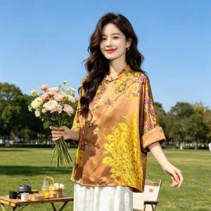 Spring And Summer nNw small stand up collar+Asymmetrical Single Breasted Button+Seven Quarter Sleeved Silk Women's Shirt M-L - AliExpress Shirts & Blouses