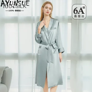 AYUNSUE 19mm Heavyweight Silk Robes for Woman Solid Color Lace-up Bathrobe Long Sleeve Robe High Quality Sleepwear Woman Пижама - AliExpress Women's Sleep & Lounge