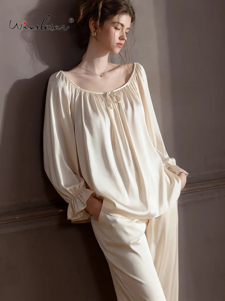 Winsleter-Sexy Women 2 Piece Pajamas Set, Slash Neck Solid, French Sweet Long Sleeve Sleep Homewear, 2026 Summer New S66251CC - AliExpress Women's Sleep & Lounge