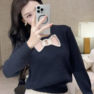 Black Soft Sweater for Women 2026 Spring and Autumn New Fashion Hollow Bow Long Sleeve Elegant Pullover White Knitted Top - AliExpress Sweaters&Jumpers