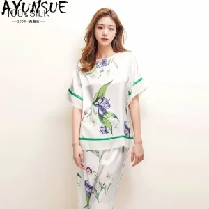 AYUNSUE 100% Silk Pajamas for Women Summer Womens Matching Sets Short Sleeve Tops Long Pants Casual Sleepwear Woman Clothes 잠옷 - AliExpress Women's Sleep & Lounge