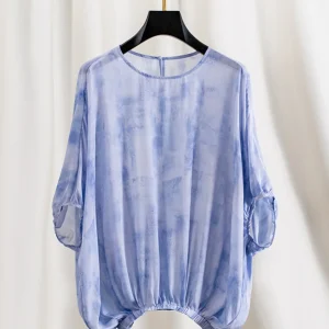 Unique Beautiful Blue Shibori Silk  Batwing Sleeve Women's Summer Luxury Feel Top Fashionable Chiffon Blouse - AliExpress Shirts & Blouses