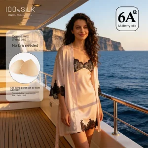 Spring Summer 100% Mulberry Silk Nightgown Robe Set for Women 19 Momme 6A Grade  Built-in Chest  Pads French Lace Sleepwear - AliExpress Women's Sleep & Lounge