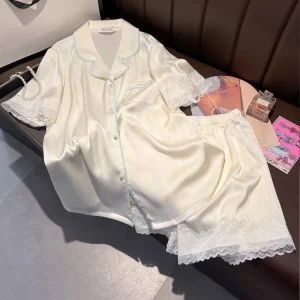 New Solid Color Silk Slippery Sleepwear Set Short Sleeve Shorts Flip Collar Home Clothes Thin - AliExpress Women's Sleep & Lounge