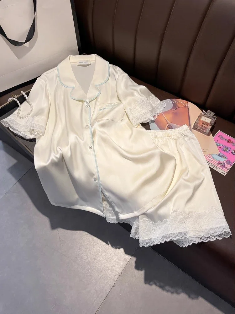New Solid Color Silk Slippery Sleepwear Set Short Sleeve Shorts Flip Collar Home Clothes Thin - AliExpress Women's Sleep & Lounge