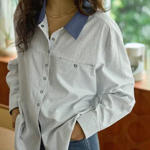 Heidd Loose Long Sleeve Collared Shirt Spring 2026 Early Design Sensation Patchwork Color Casual Style Women's Cotton Blend - AliExpress Shirts & Blouses