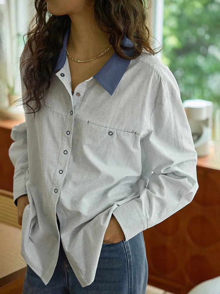 Heidd Loose Long Sleeve Collared Shirt Spring 2026 Early Design Sensation Patchwork Color Casual Style Women's Cotton Blend - AliExpress Shirts & Blouses