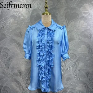 Seifrmann 2026 Summer Women's New Fashion lapel Short sleeved Silk Single breasted Solid Color Shirt - AliExpress Shirts & Blouses