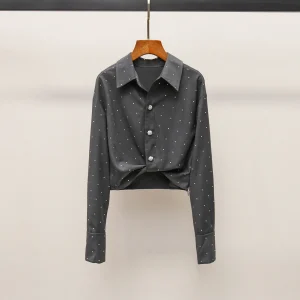 ay ort Waist Cinched Long Sve Twisted Structure Rhinestone Iron on irt Women's Sweet Sle College Faion Blouse - AliExpress Shirts & Blouses