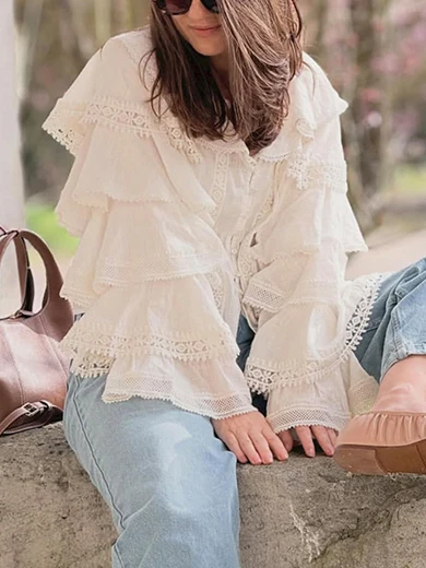 Romantic Lady's Shirt Lace Layered Bell Sleeve V-neck French Style Cotton Long Sleeve Cool Sensation Women's Fashion Spring 2026 - AliExpress Shirts & Blouses