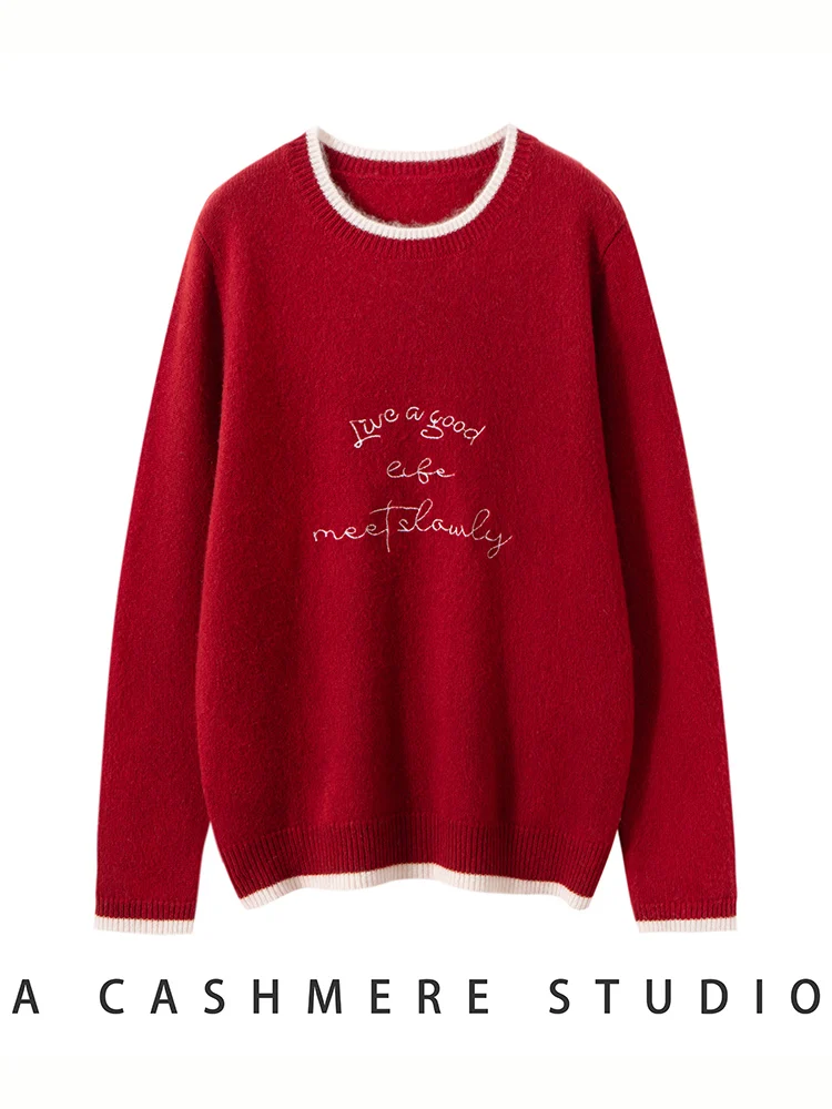 TLOML Women‘s 100% Cashmere Sweater O-neck Long Sleeve Pullover Color Block Embroidery Cashmere Knitwear Autumn Winter Chic Top - AliExpress Sweaters&Jumpers