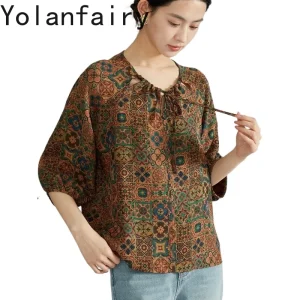 YOLANFAIRY 100% Natural Mulberry Silk Blouse for Woman Elegant 2026 Vintage Watered Gauze Women Shirt Lacp-up Fashion Tops Mujer - AliExpress Shirts & Blouses