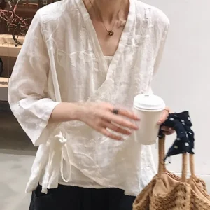 Rouje Kefss Cotton Linen Embroidered V-neck Shirt Women Summer Simple Loose Slimming Casual Linen Jacket Commute Style - AliExpress Shirts & Blouses