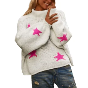 Autumn and winter women's casual loose turtleneck pullover cross-border long-sleeved five-pointed pattern knitted sweater top - AliExpress Sweaters&Jumpers