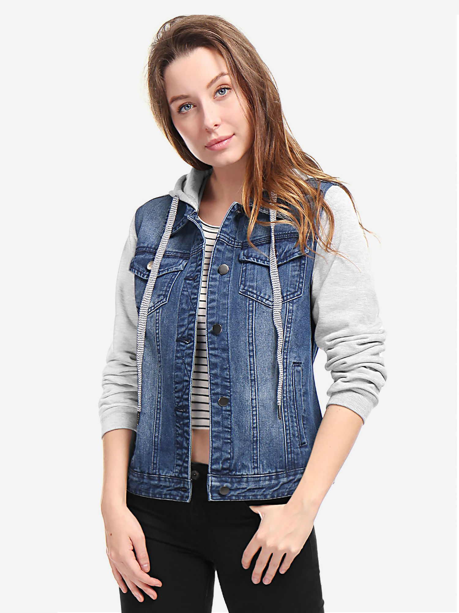 Casual Layered Drawstring Pockets Hood Denim Jacket Dark Blue/XS - Allegra K catalog