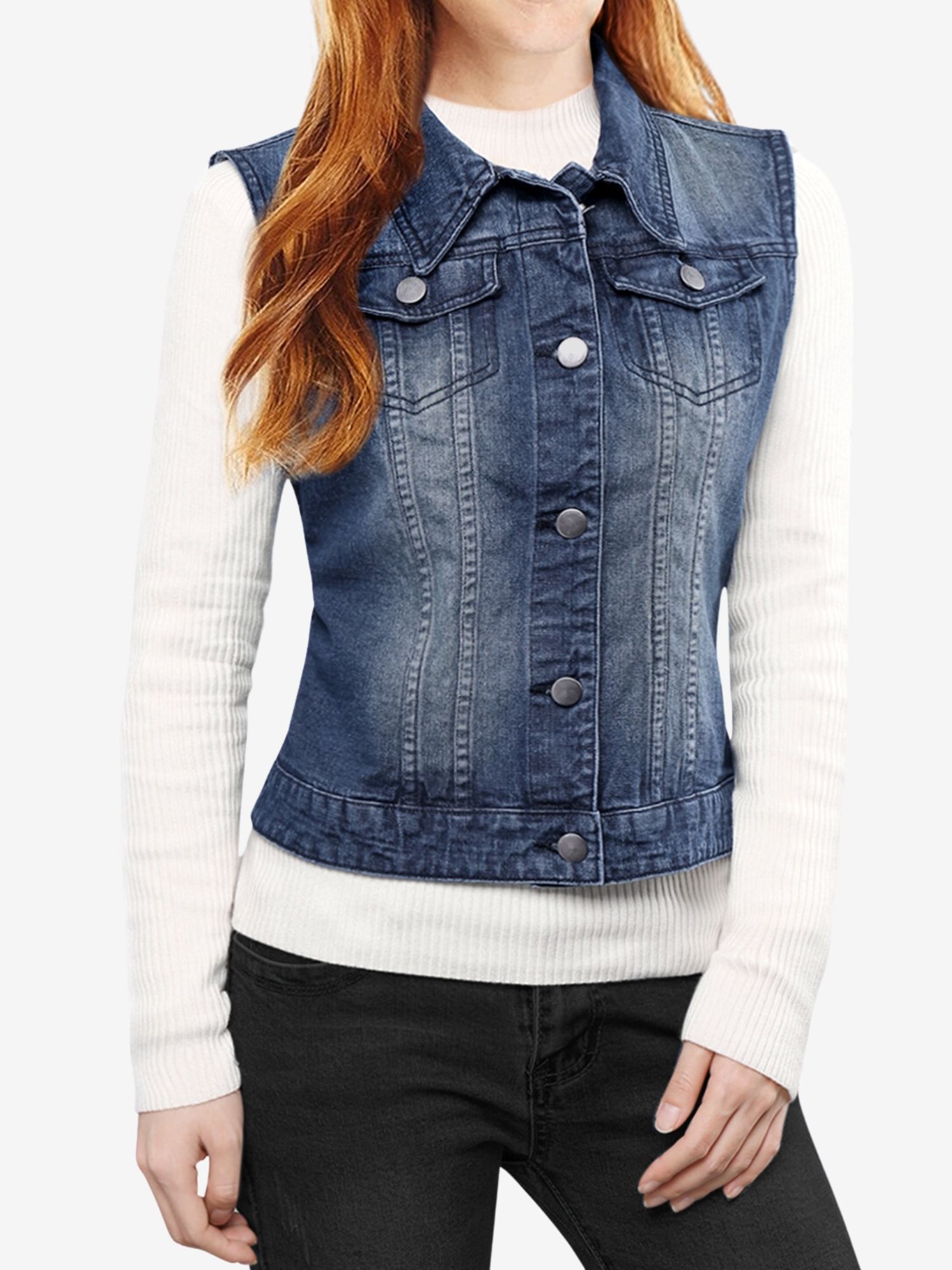 Buttoned Chest Flap Pocket Washed Denim Jacket Vest Dark Blue/XL - Allegra K catalog