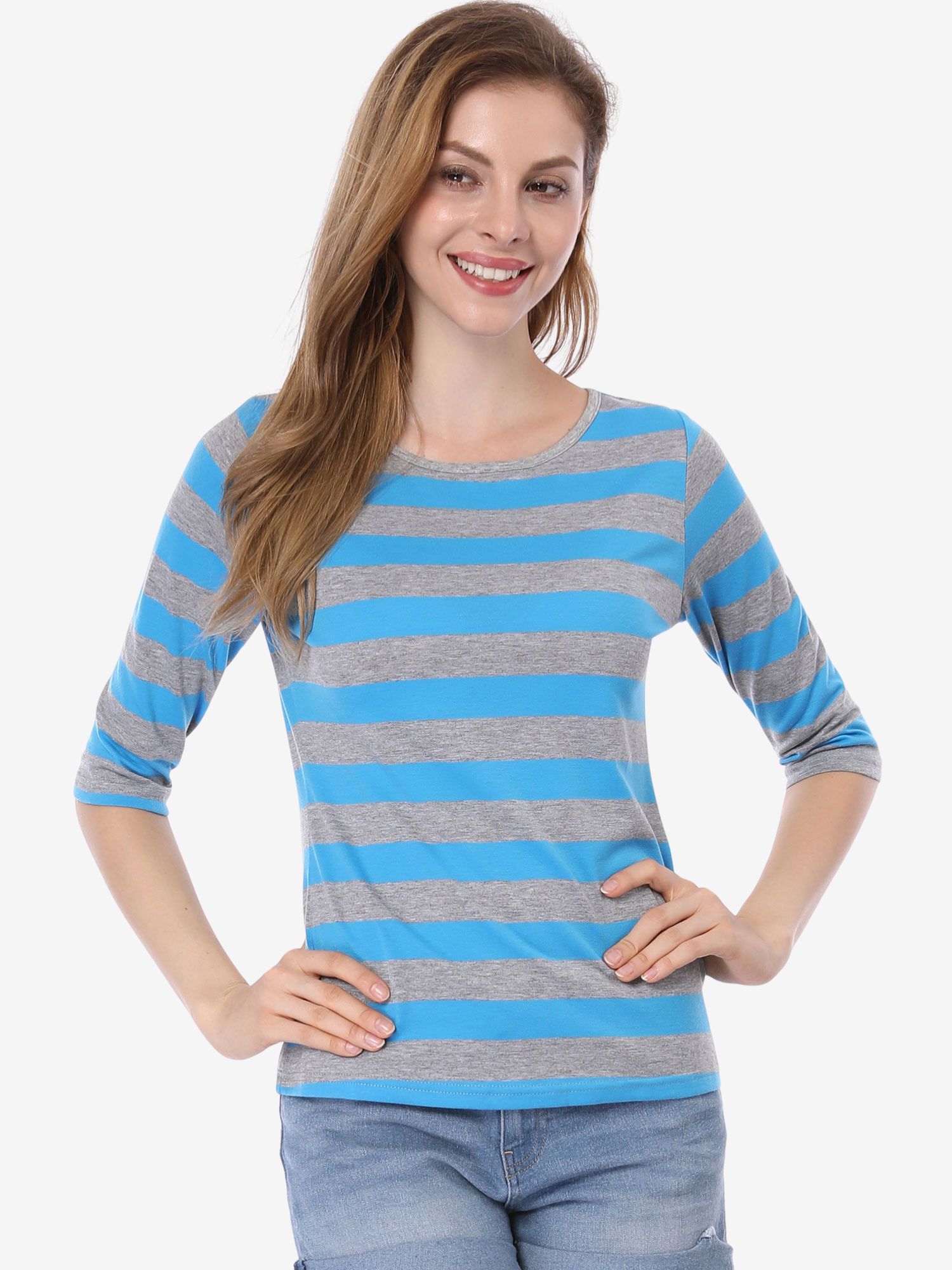 Striped 3/4 Sleeve Round Neck Casual T-Shirt Blue Gray/M - Allegra K catalog