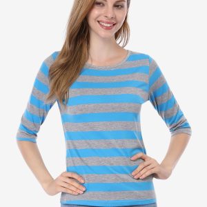 Striped 3/4 Sleeve Round Neck Casual T-Shirt Blue Gray/XL - Allegra K catalog