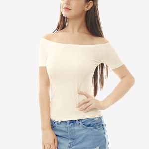 Off Shoulder Short Sleeve Solid Basic Sexy Slim Fit Blouse White/XS - Allegra K catalog