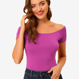 Off Shoulder Short Sleeve Solid Basic Sexy Slim Fit Blouse Violet/M - Allegra K catalog