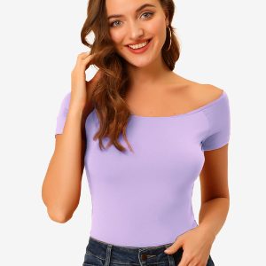 Off Shoulder Short Sleeve Solid Basic Sexy Slim Fit Blouse Lavender/M - Allegra K catalog