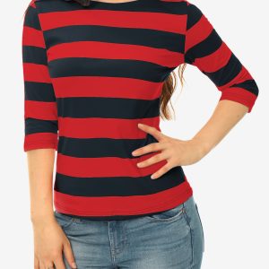 Striped 3/4 Sleeve Casual Basic Boat Neck T-shirt Red Blue/M - Allegra K catalog