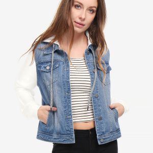 Casual Layered Drawstring Pockets Hood Denim Jacket Sky Blue/L - Allegra K catalog