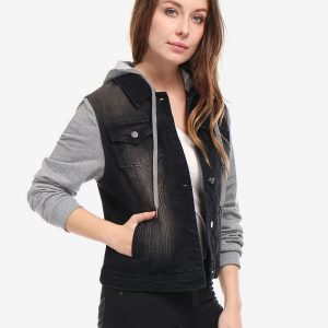 Casual Layered Drawstring Pockets Hood Denim Jacket Black/L - Allegra K catalog