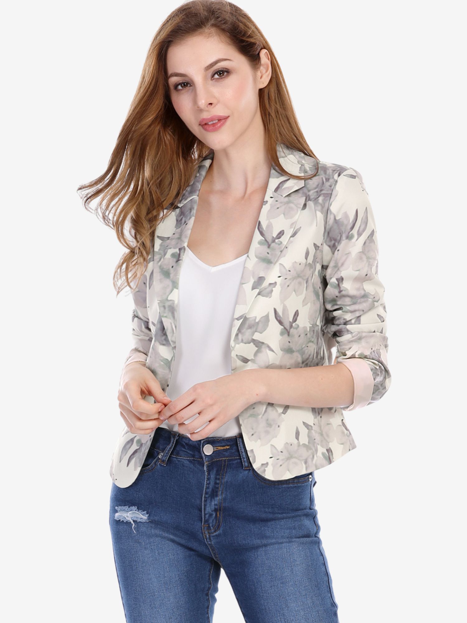 Open Front Floral Work Business Crop Blazer Jacket Beige-Floral/S - Allegra K catalog