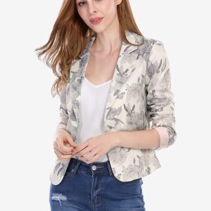 Open Front Floral Work Business Crop Blazer Jacket Beige-Floral/XL - Allegra K catalog