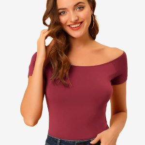 Off Shoulder Short Sleeve Solid Basic Sexy Slim Fit Blouse Red/XS - Allegra K catalog