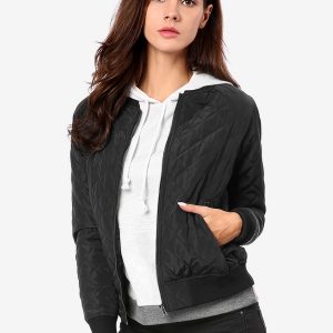 Casual Zip Up Raglan Long Sleeve Quilted Bomber Jacket Black/S - Allegra K catalog