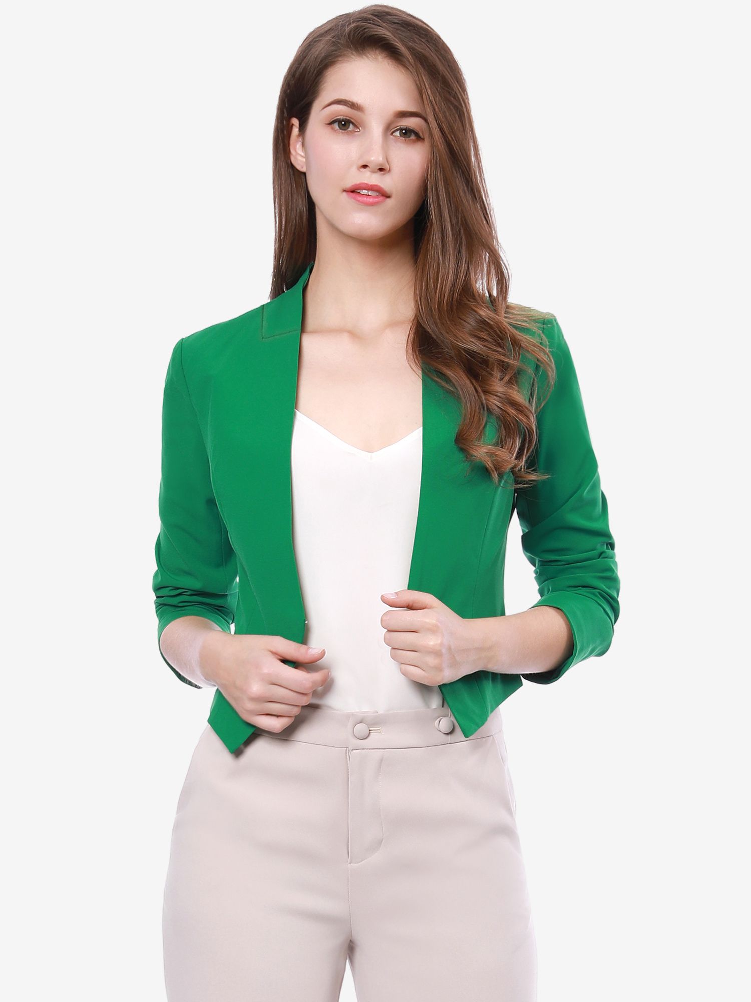 Solid Color Collarless Cropped Office Blazer Jacket Green/M - Allegra K catalog