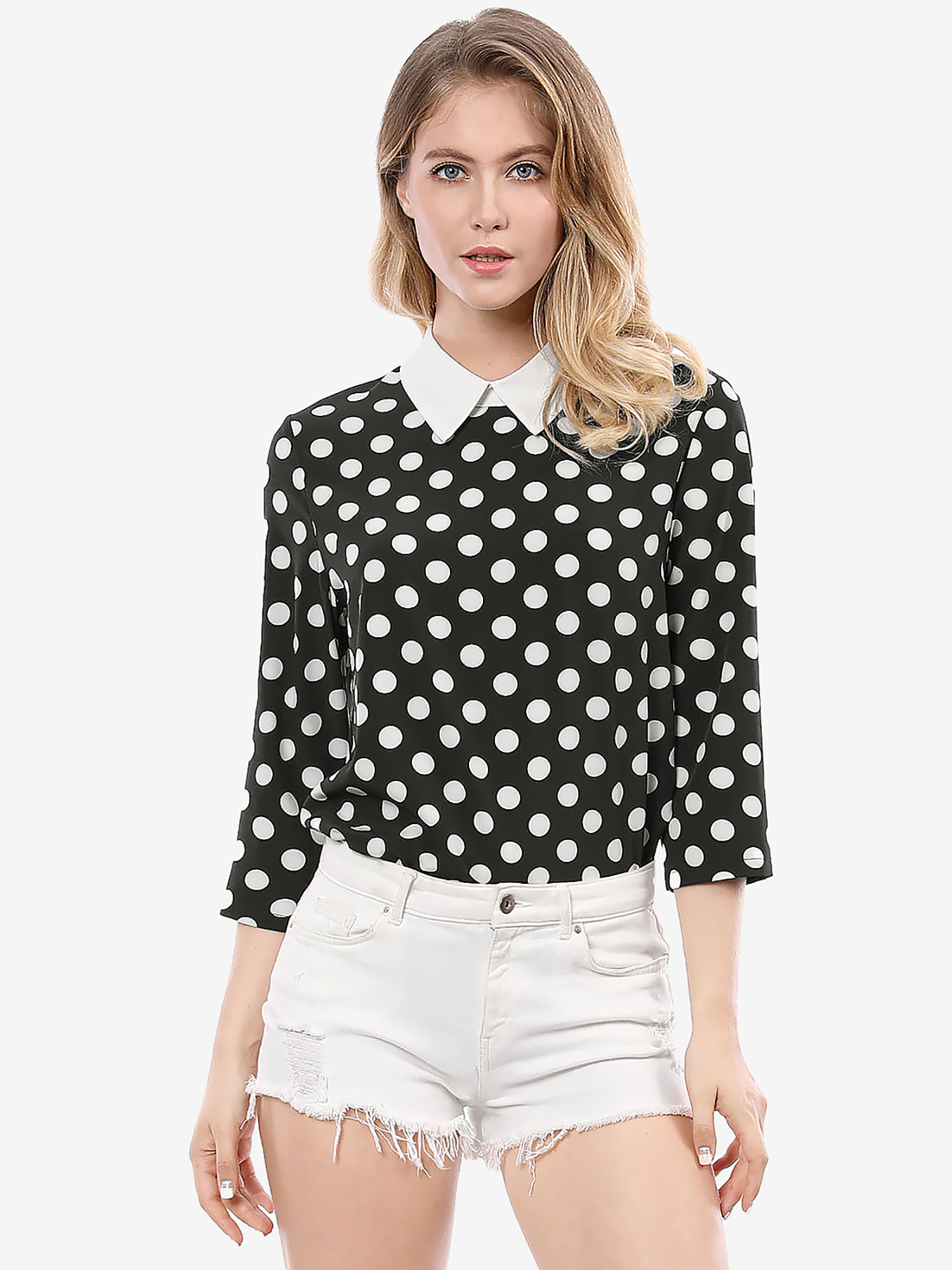 Polka Dots Contrast Peter Pan Collar Top 3/4 Sleeve Blouse Shirt Black/M - Allegra K catalog