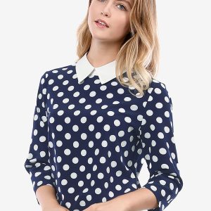 Polka Dots Contrast Peter Pan Collar Top 3/4 Sleeve Blouse Shirt Blue/XS - Allegra K catalog