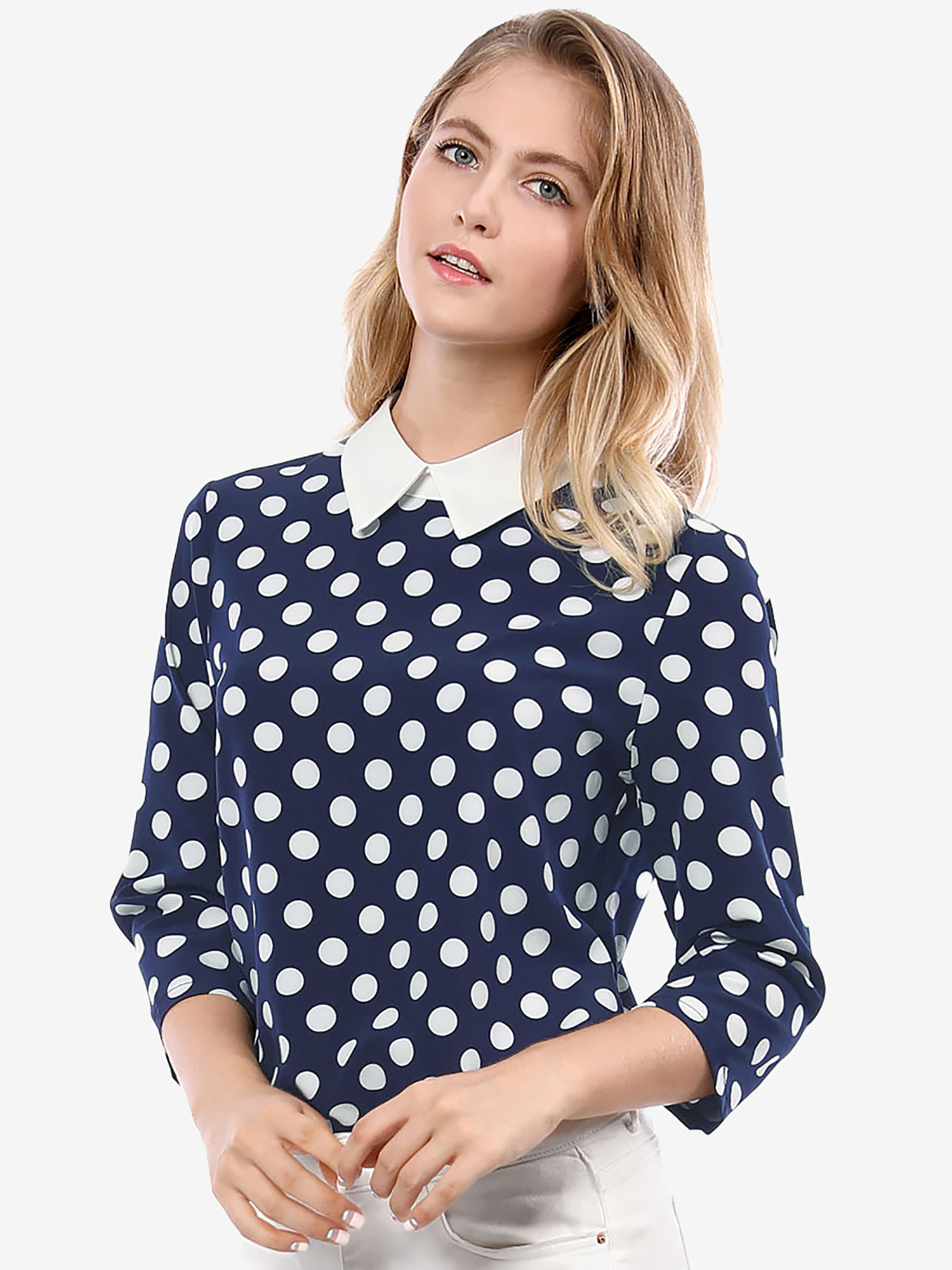 Polka Dots Contrast Peter Pan Collar Top 3/4 Sleeve Blouse Shirt Blue/S - Allegra K catalog