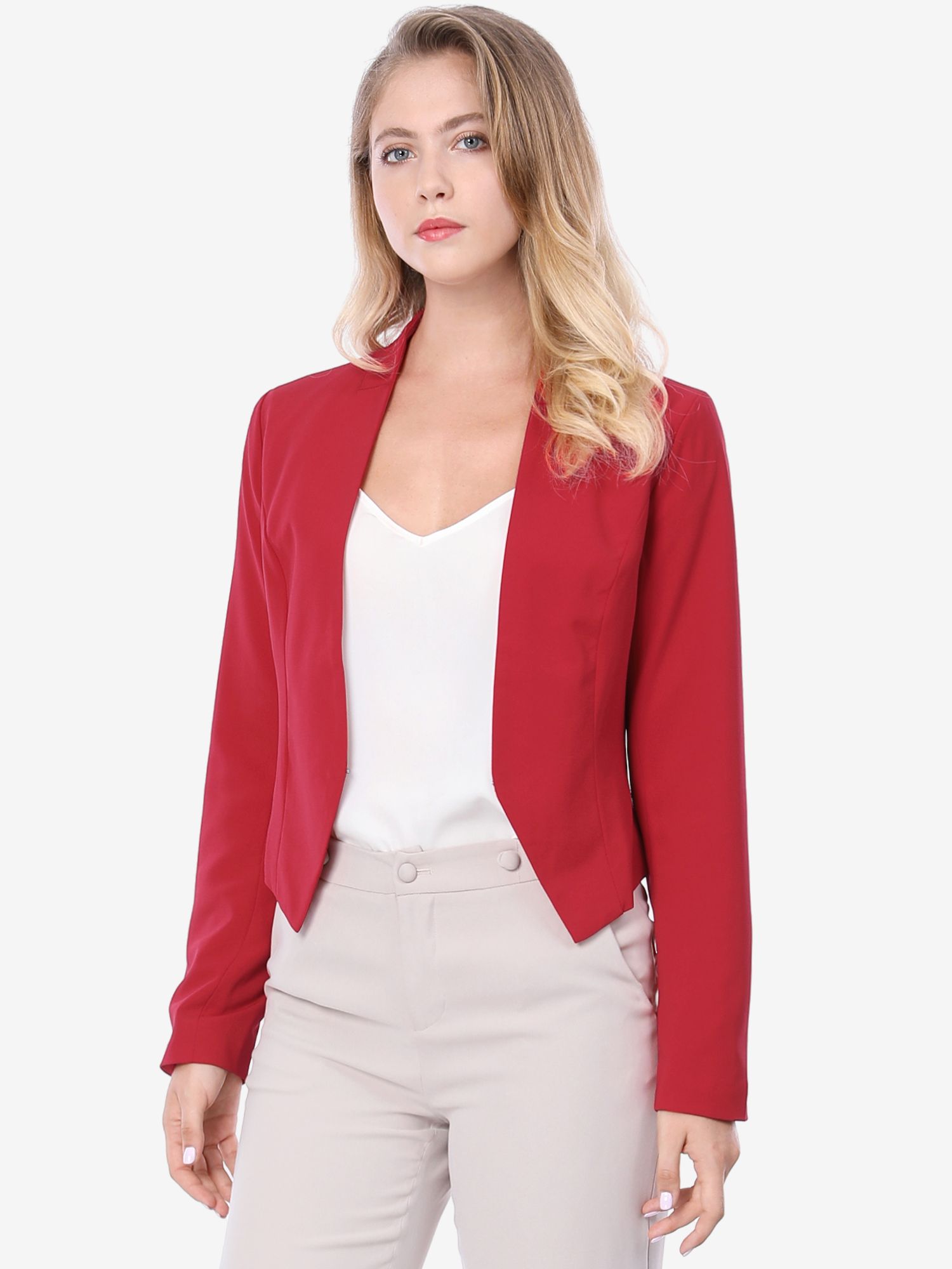 Solid Color Collarless Cropped Office Blazer Jacket Red/M - Allegra K catalog