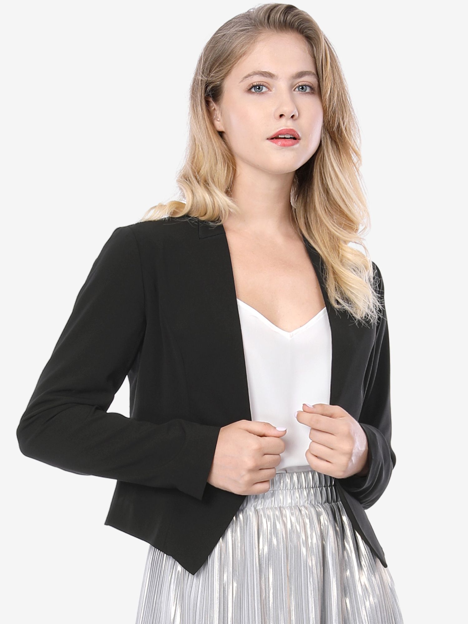 Collarless Solid Color Cropped Office Blazer Jacket Black/M - Allegra K catalog