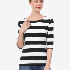 Striped 3/4 Sleeve Casual Basic Boat Neck T-shirt Black White/S - Allegra K catalog