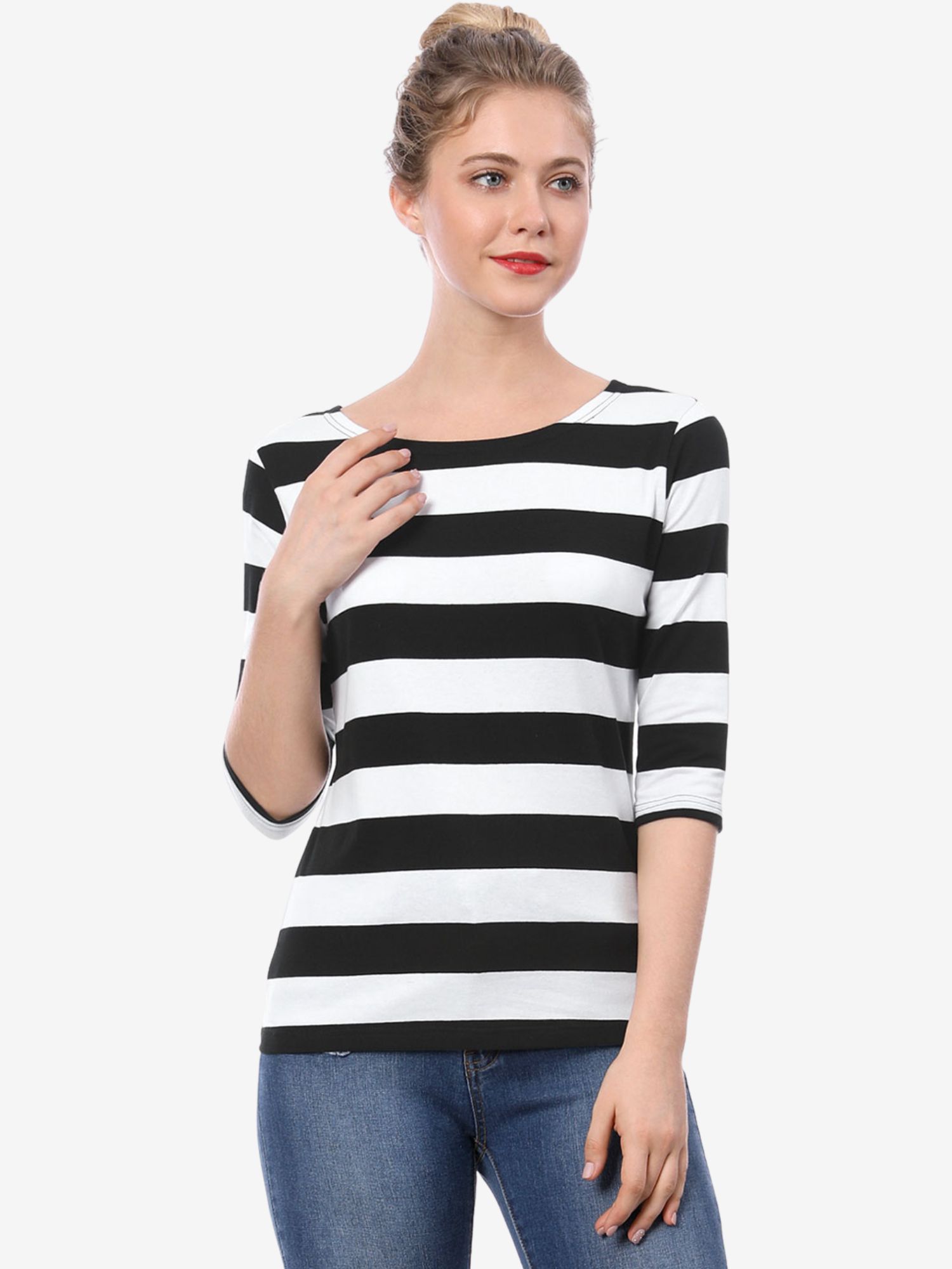 Striped 3/4 Sleeve Casual Basic Boat Neck T-shirt Black White/S - Allegra K catalog