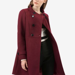 Stand Collar Double Breasted Slant Pockets Trendy Outwear Winter Coat Burgundy/XL - Allegra K catalog