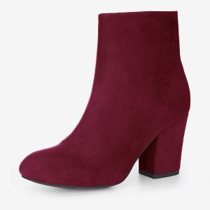 Faux Suede Round Toe Block Heel Zipper Ankle Boots Burgundy/9 - Allegra K catalog