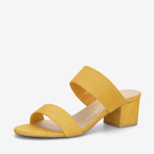 Round Toe Dual Straps Slide Block Heel Sandals Yellow/7.5 - Allegra K catalog