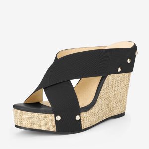 Crisscrossing Strap Platform Slide Wedge Sandals Black/6 - Allegra K catalog