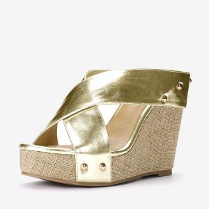 Crisscrossing Strap Platform Slide Wedge Sandals Gold Tone/7.5 - Allegra K catalog